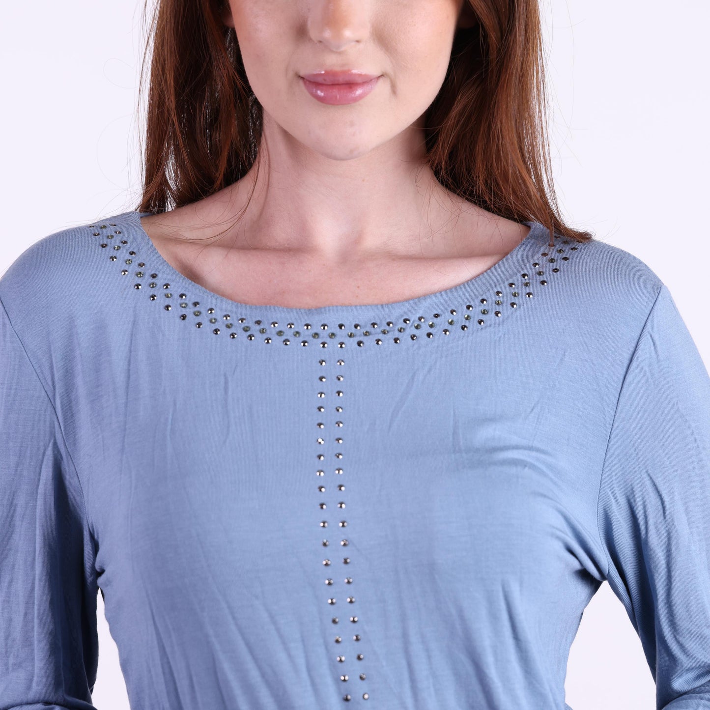Dusty Blue Long Sleeve Top with Studded Detailing