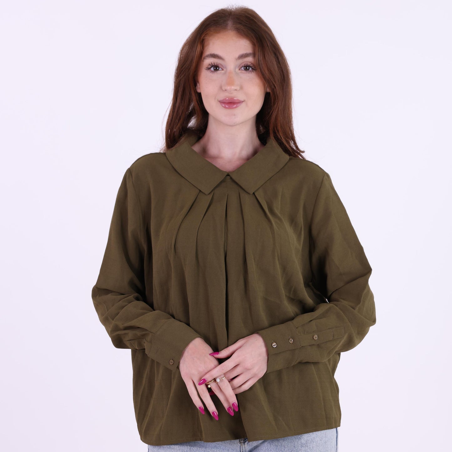 Olive Green Pleated Blouse with Peter Pan Collar