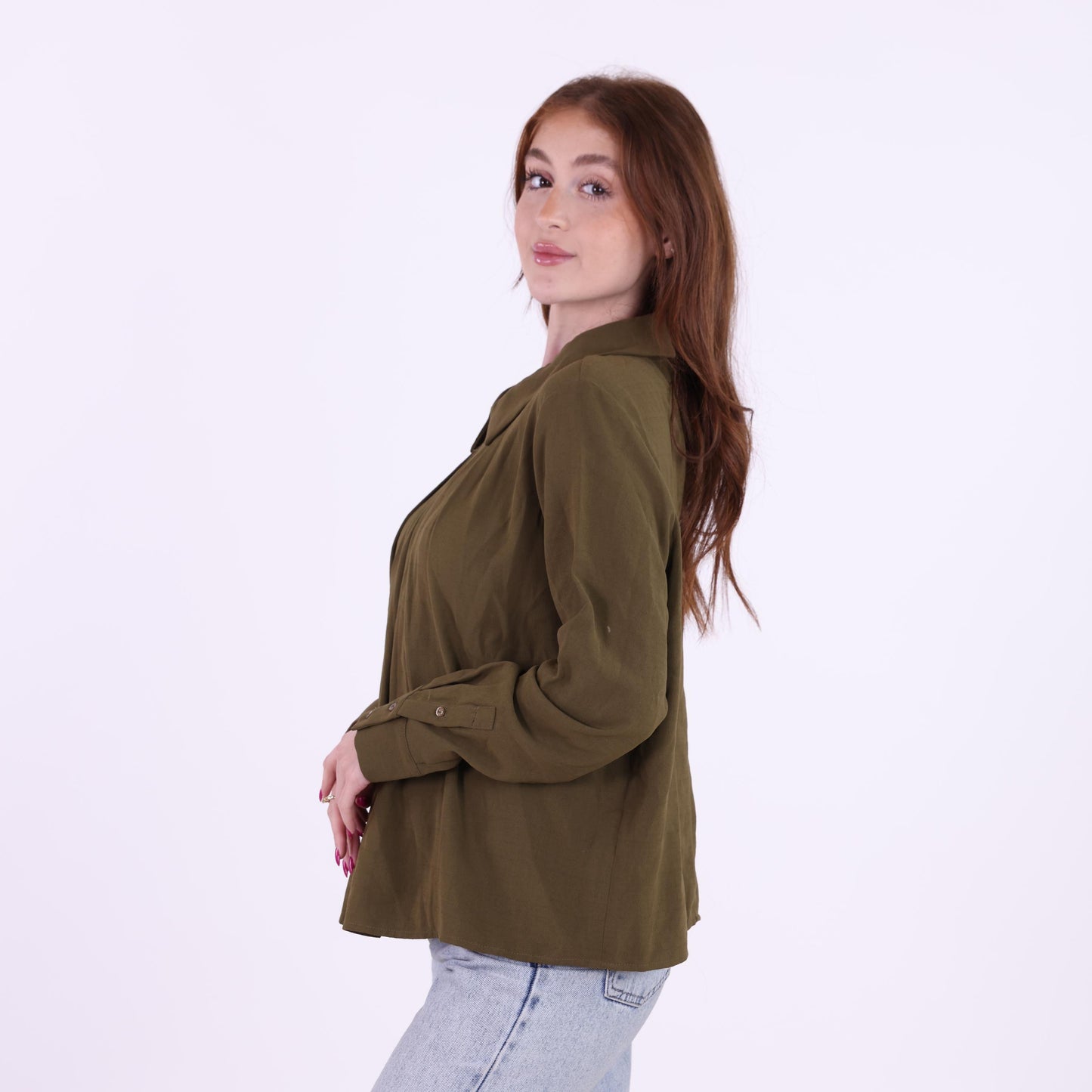 Olive Green Pleated Blouse with Peter Pan Collar