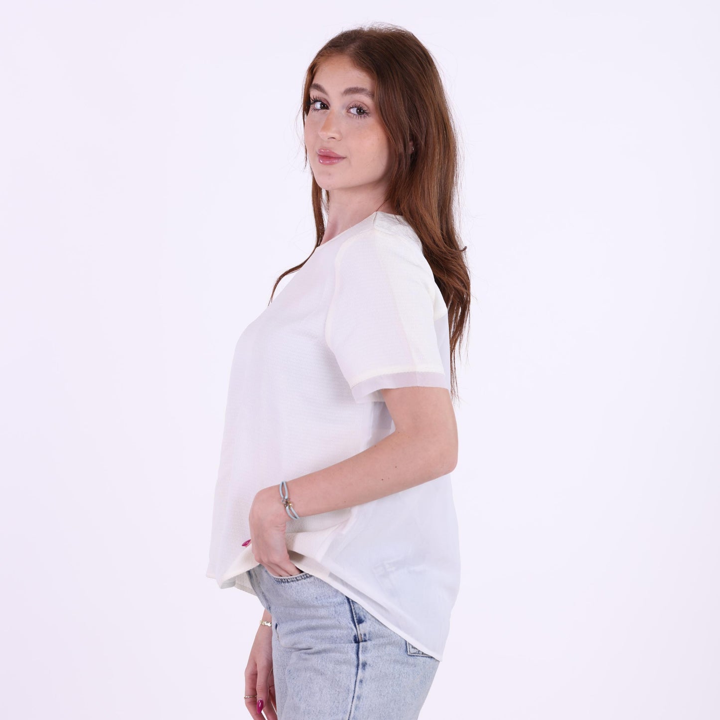 Textured Off-White Short Sleeve Blouse