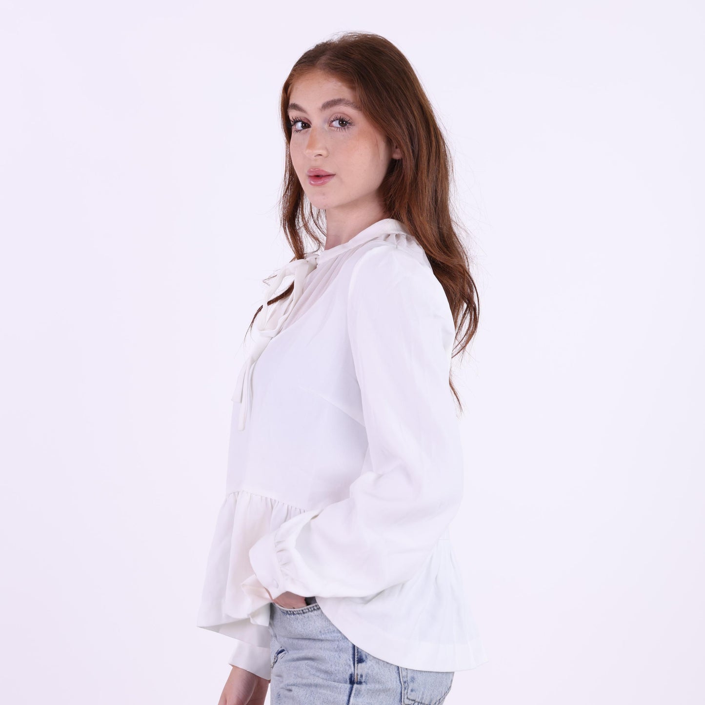 White Sheer Yoke Blouse with Neck Tie