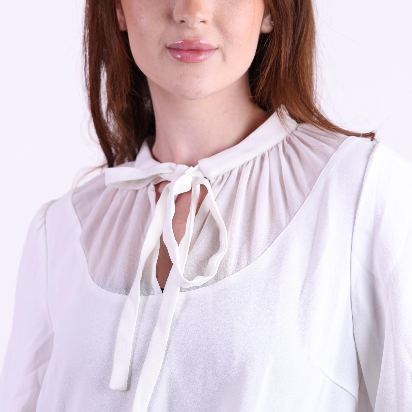 White Sheer Yoke Blouse with Neck Tie