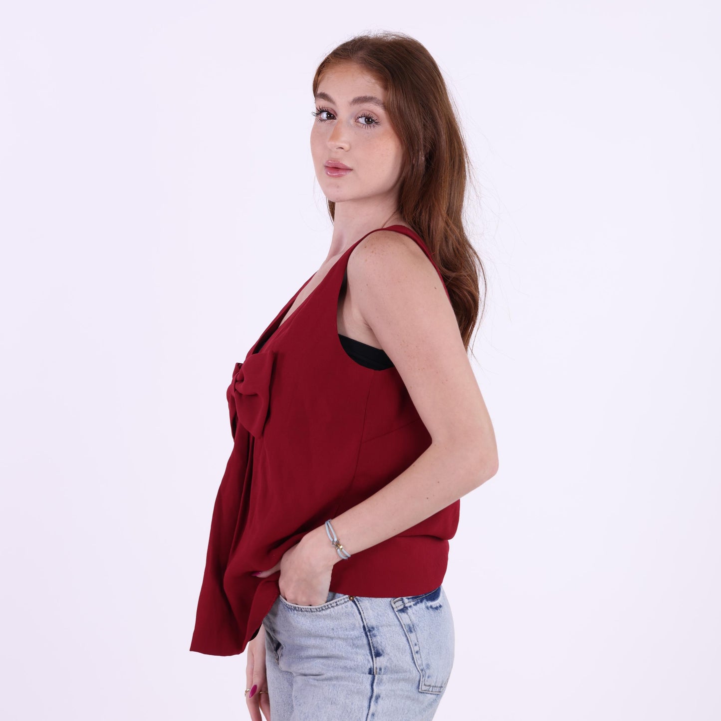 Sleeveless Burgundy Top with Front Bow Detail