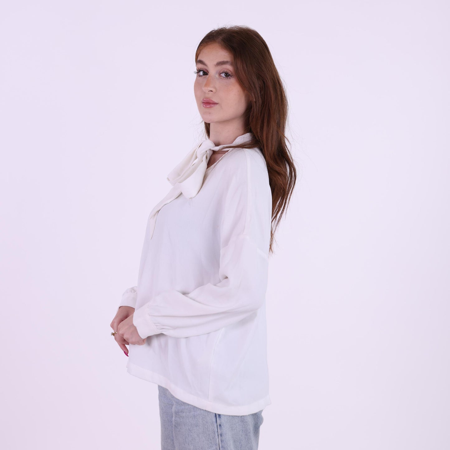 White Tie-Neck Blouse with Long Sleeves