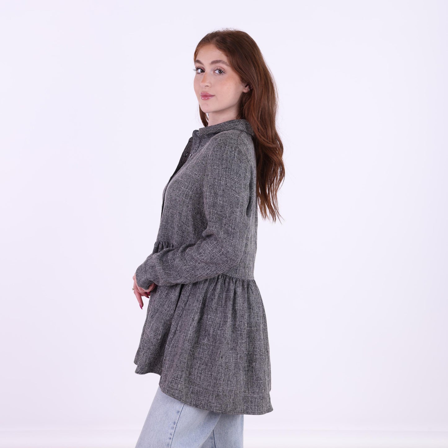 Textured Grey Peplum Shirt Top