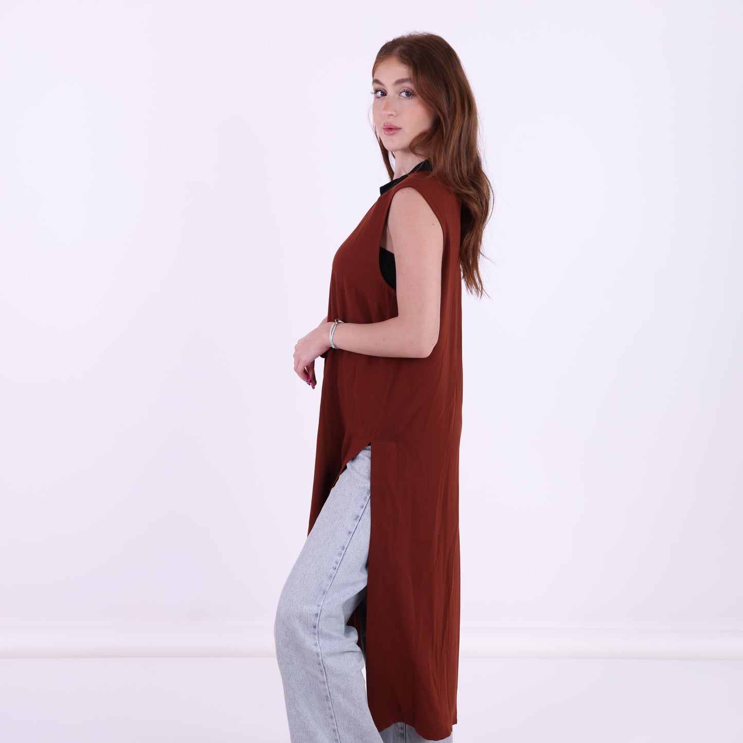 Sleeveless Rust Tunic with Side Slits