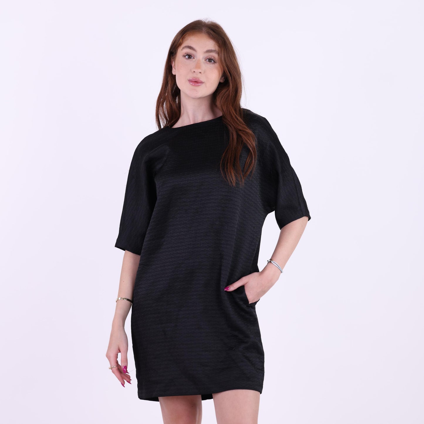 Black Textured Shift Dress with Half Sleeve