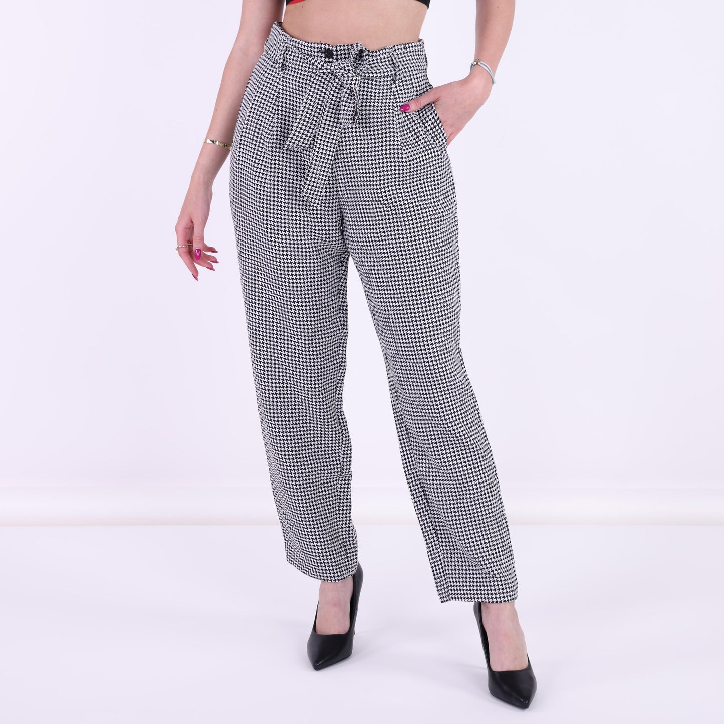 Black and White Houndstooth High-Waisted Pants