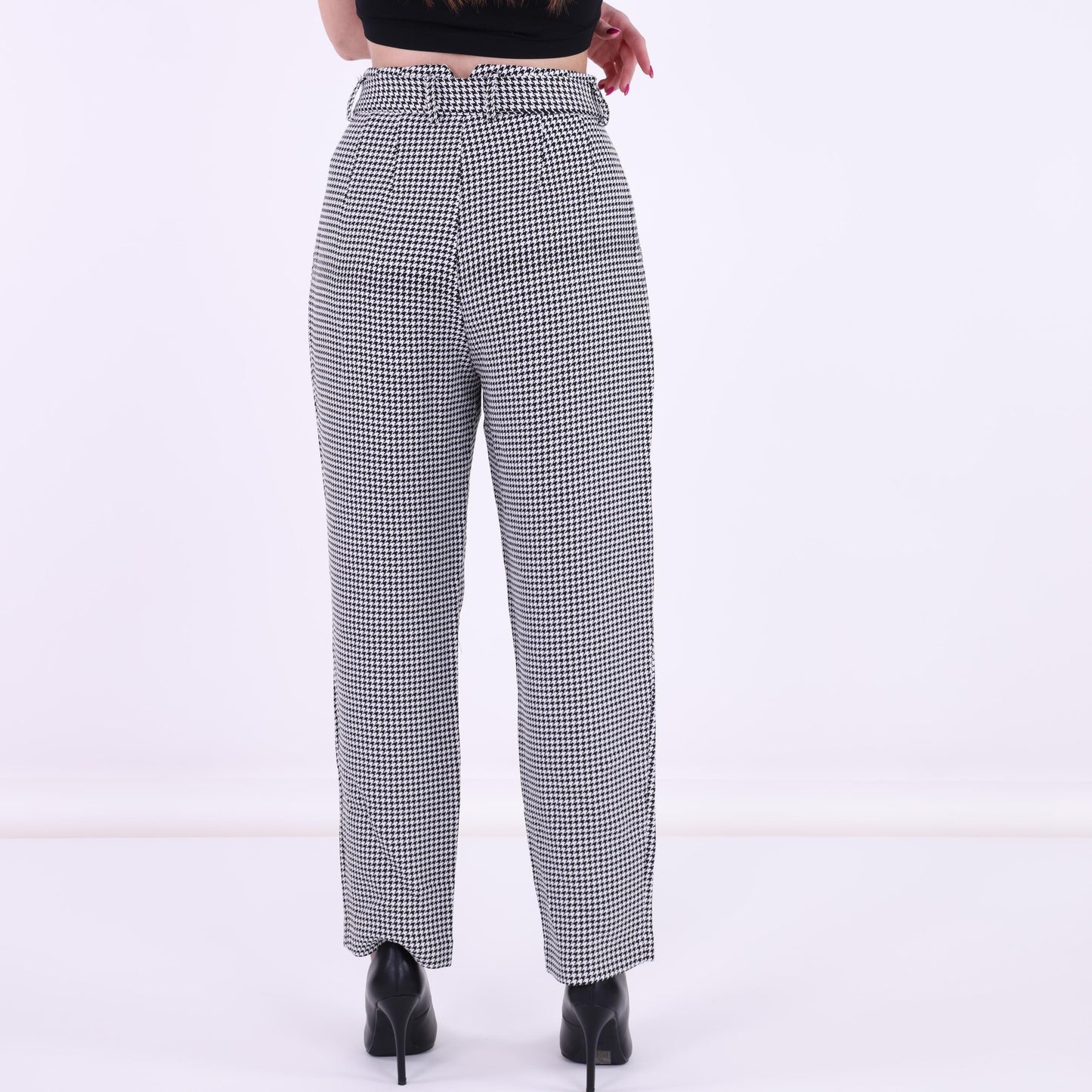 Black and White Houndstooth High-Waisted Pants