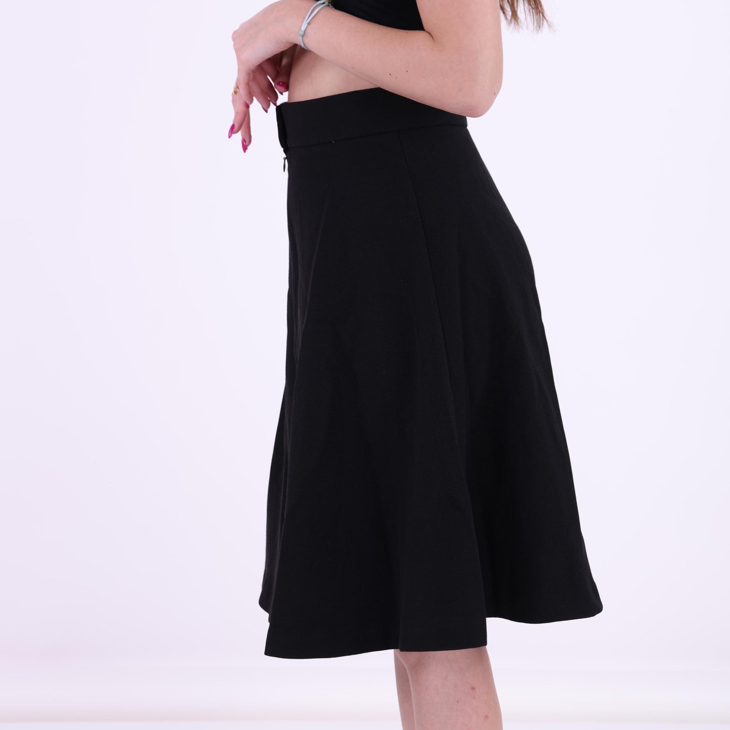 Black A-Line Midi Skirt with Button Detail