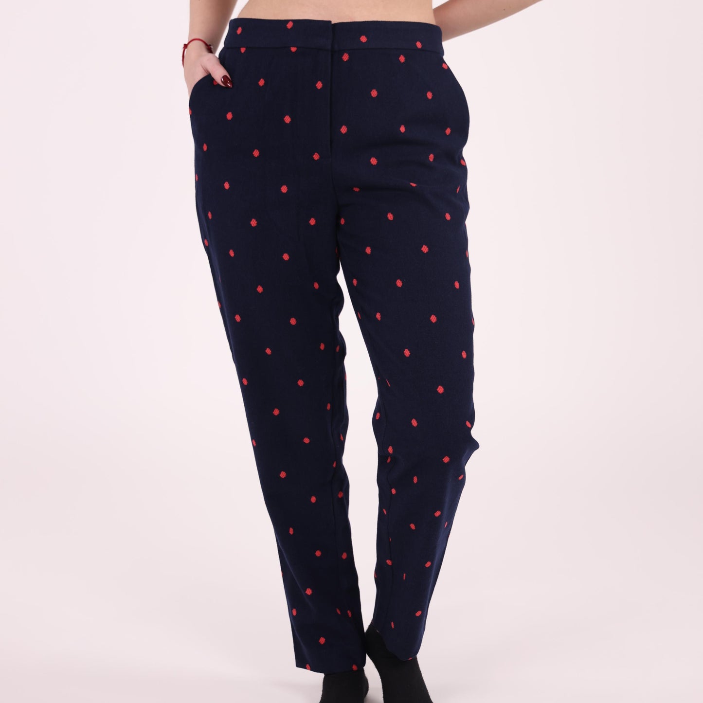 Navy Slim-Fit Pants with Red Polka Dot Pattern