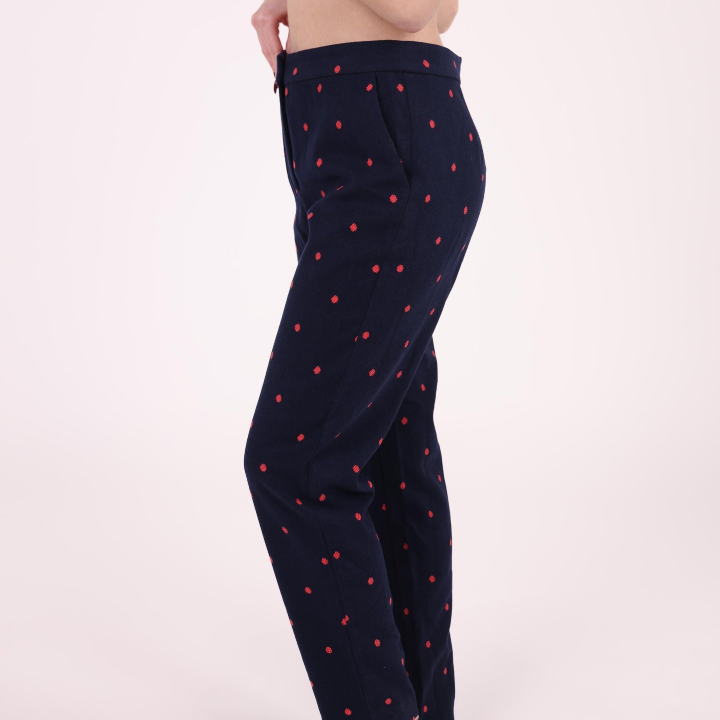 Navy Slim-Fit Pants with Red Polka Dot Pattern