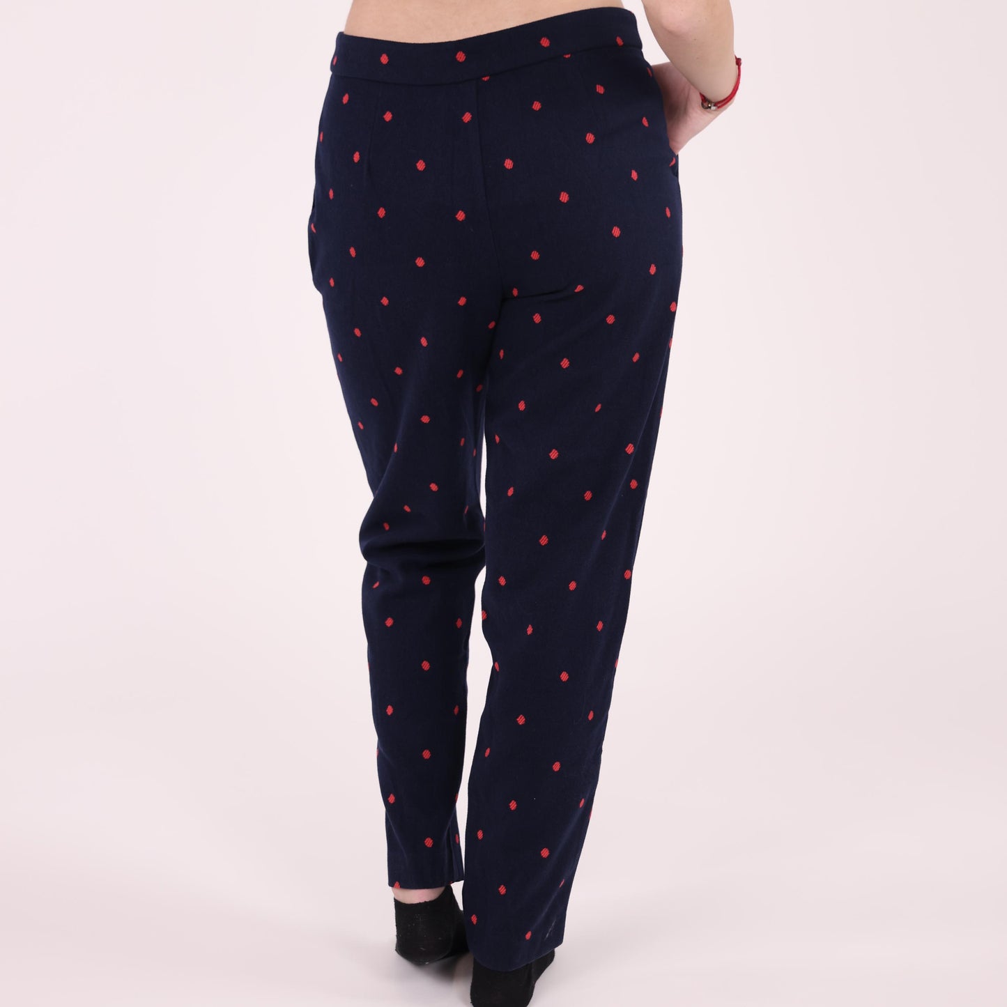 Navy Slim-Fit Pants with Red Polka Dot Pattern