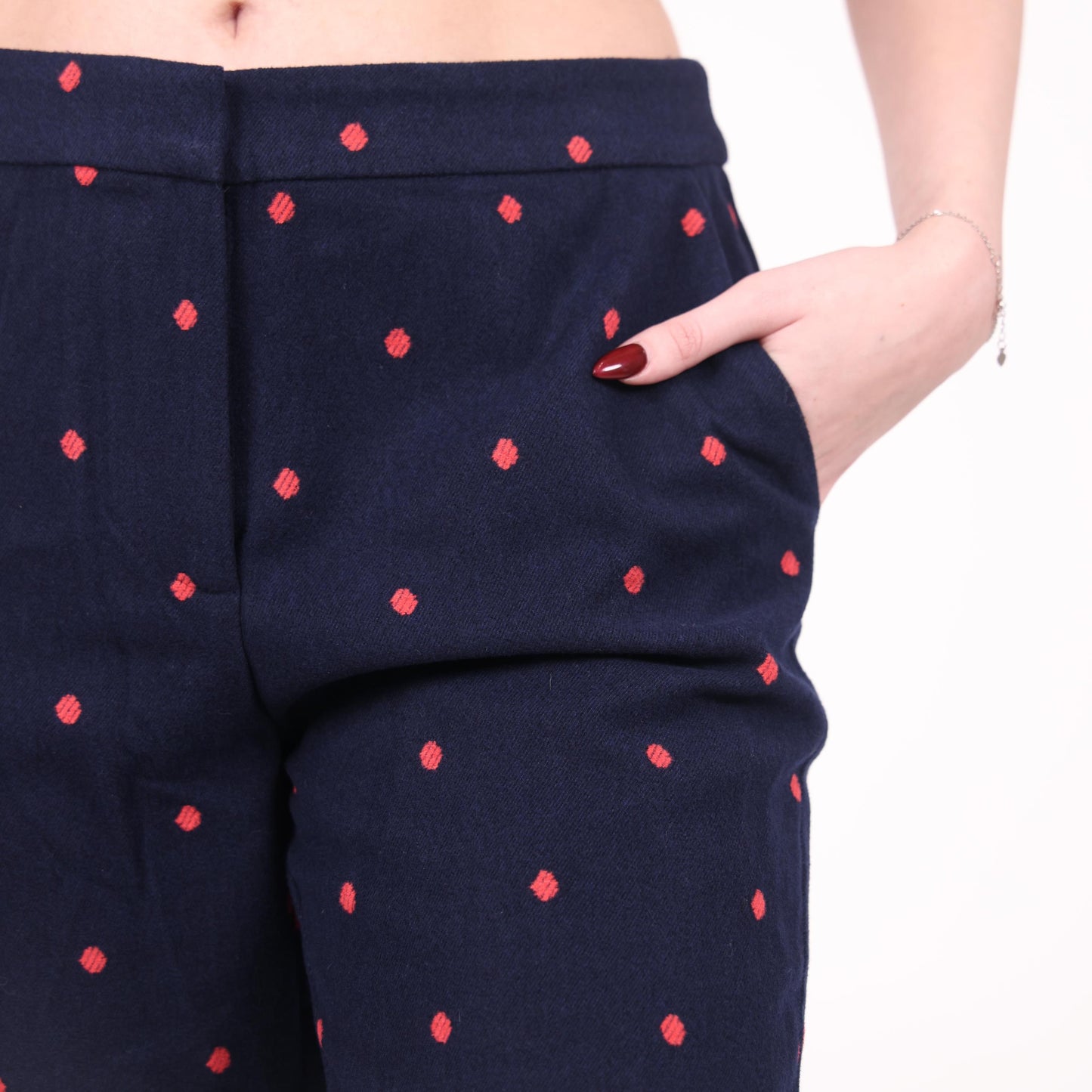 Navy Slim-Fit Pants with Red Polka Dot Pattern