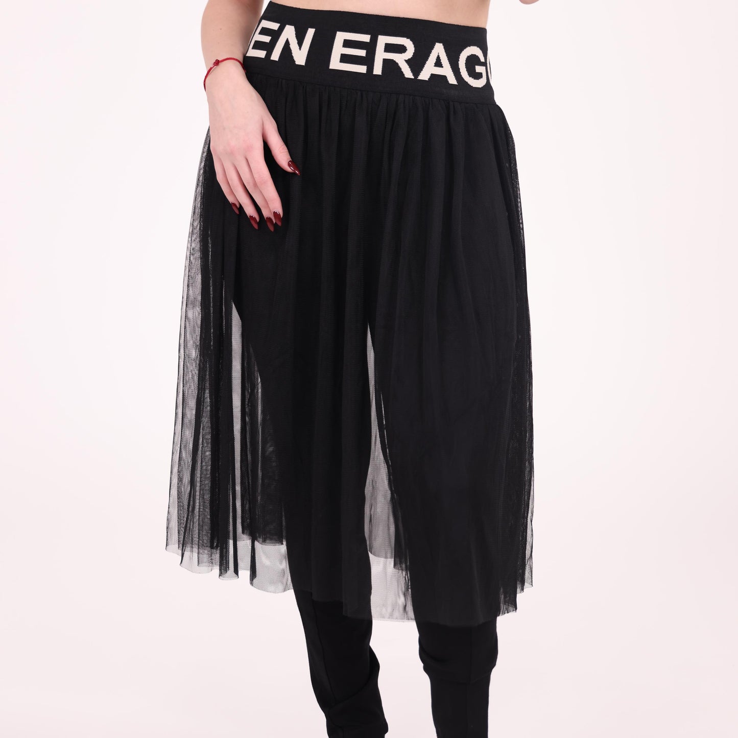 Black Tulle Overlay Pants with Statement Waistband