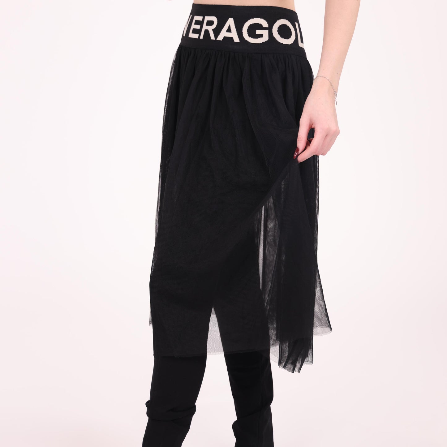 Black Tulle Overlay Pants with Statement Waistband