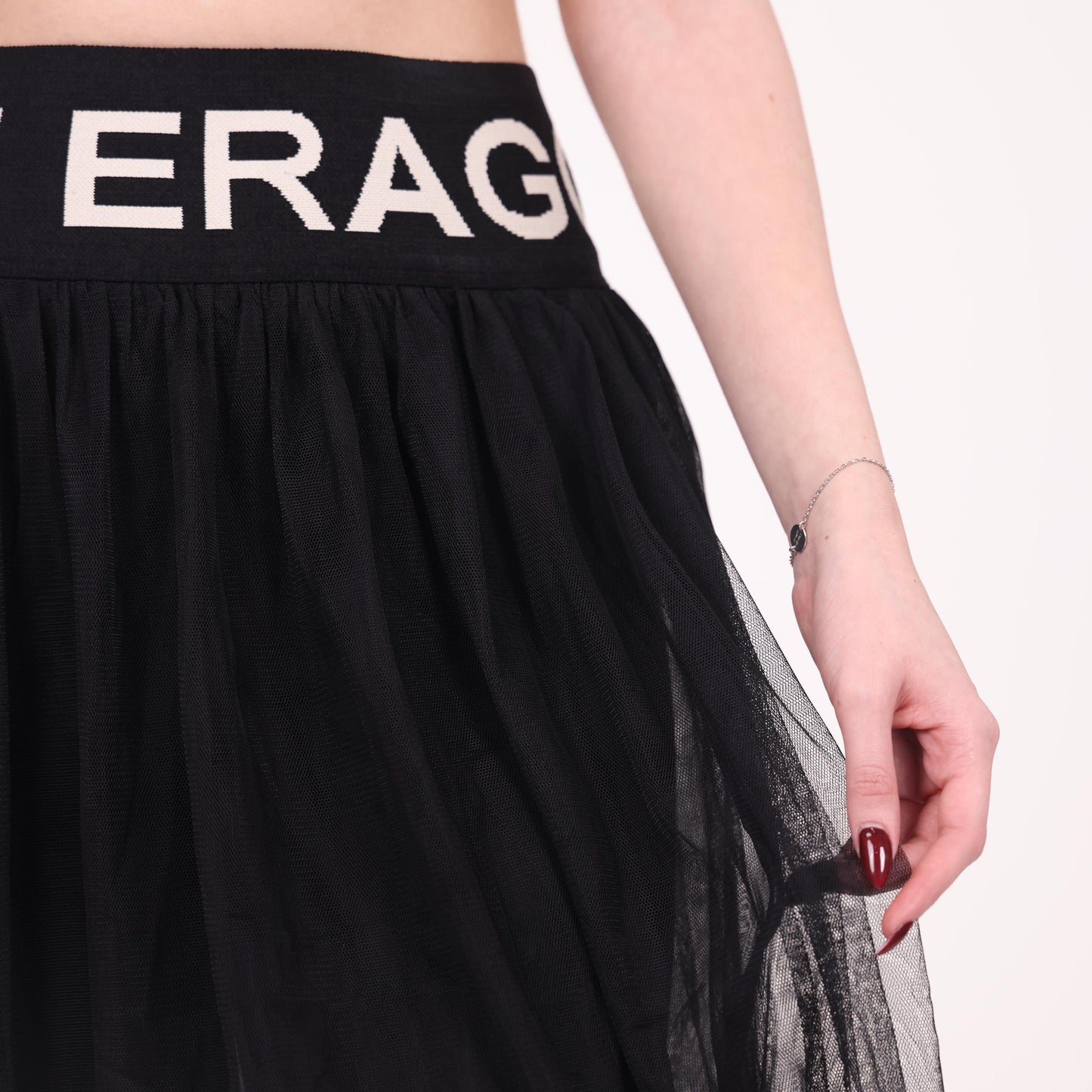 Black Tulle Overlay Pants with Statement Waistband