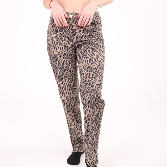 Beige Leopard Print Straight-Leg Pants