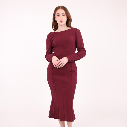 Burgundy Long-Sleeve Midi Dress