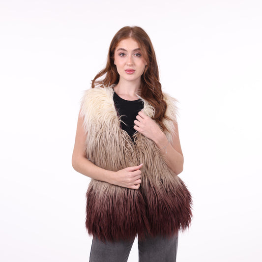 Ombre Faux Fur Vest in Beige and Burgundy