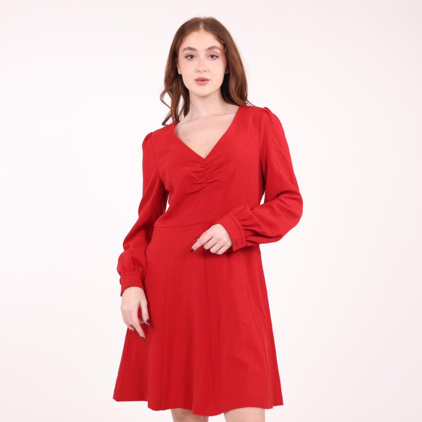 Red Long-Sleeve A-Line Dress