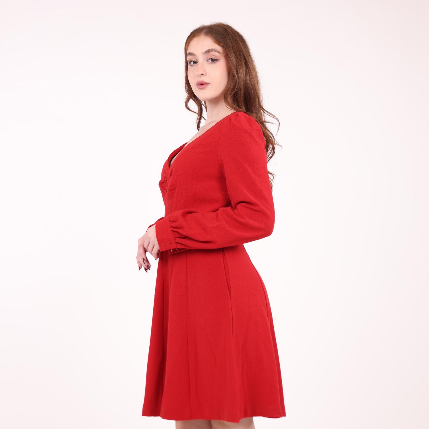 Red Long-Sleeve A-Line Dress