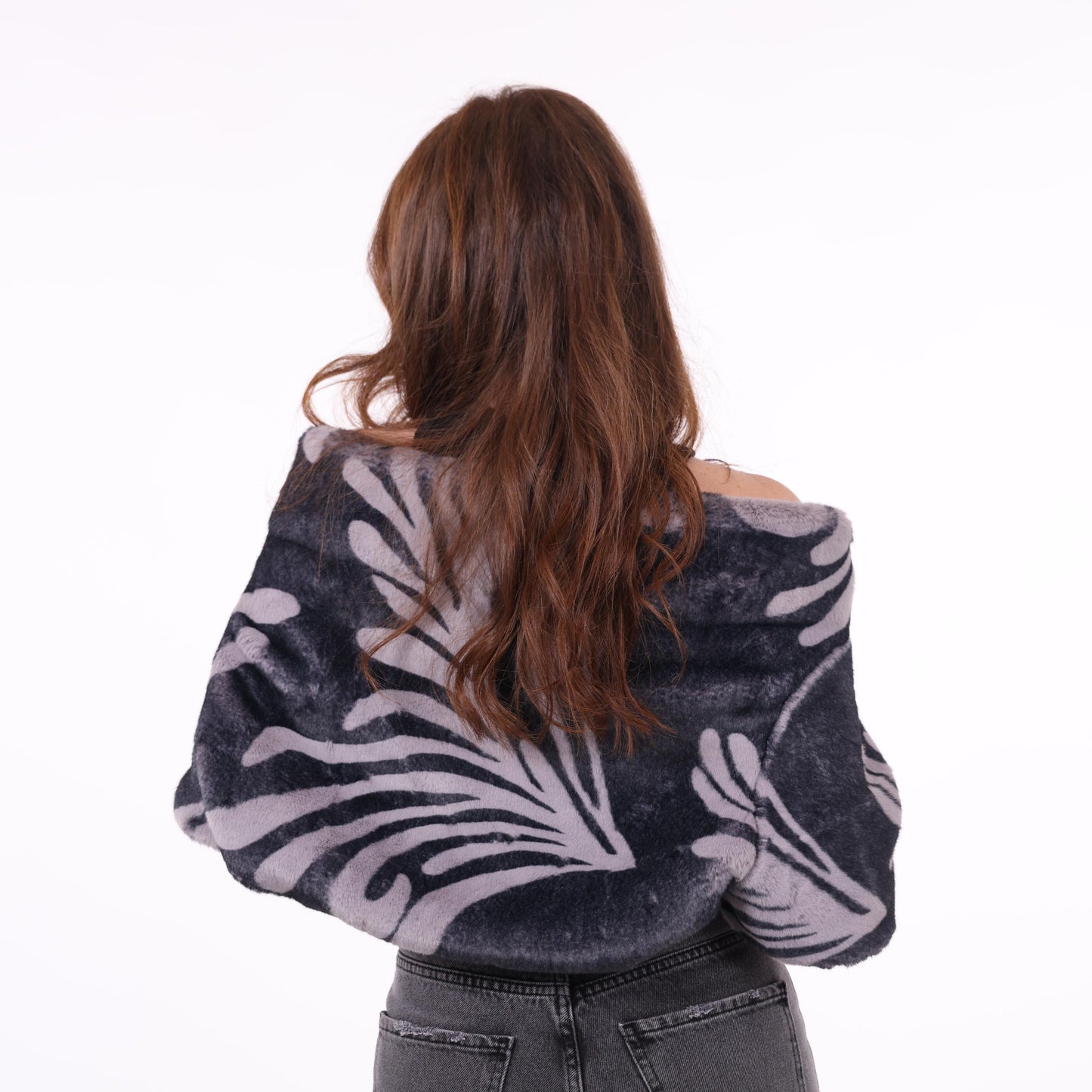 Faux Fur Bolero with Leaf Pattern in Gray and Black