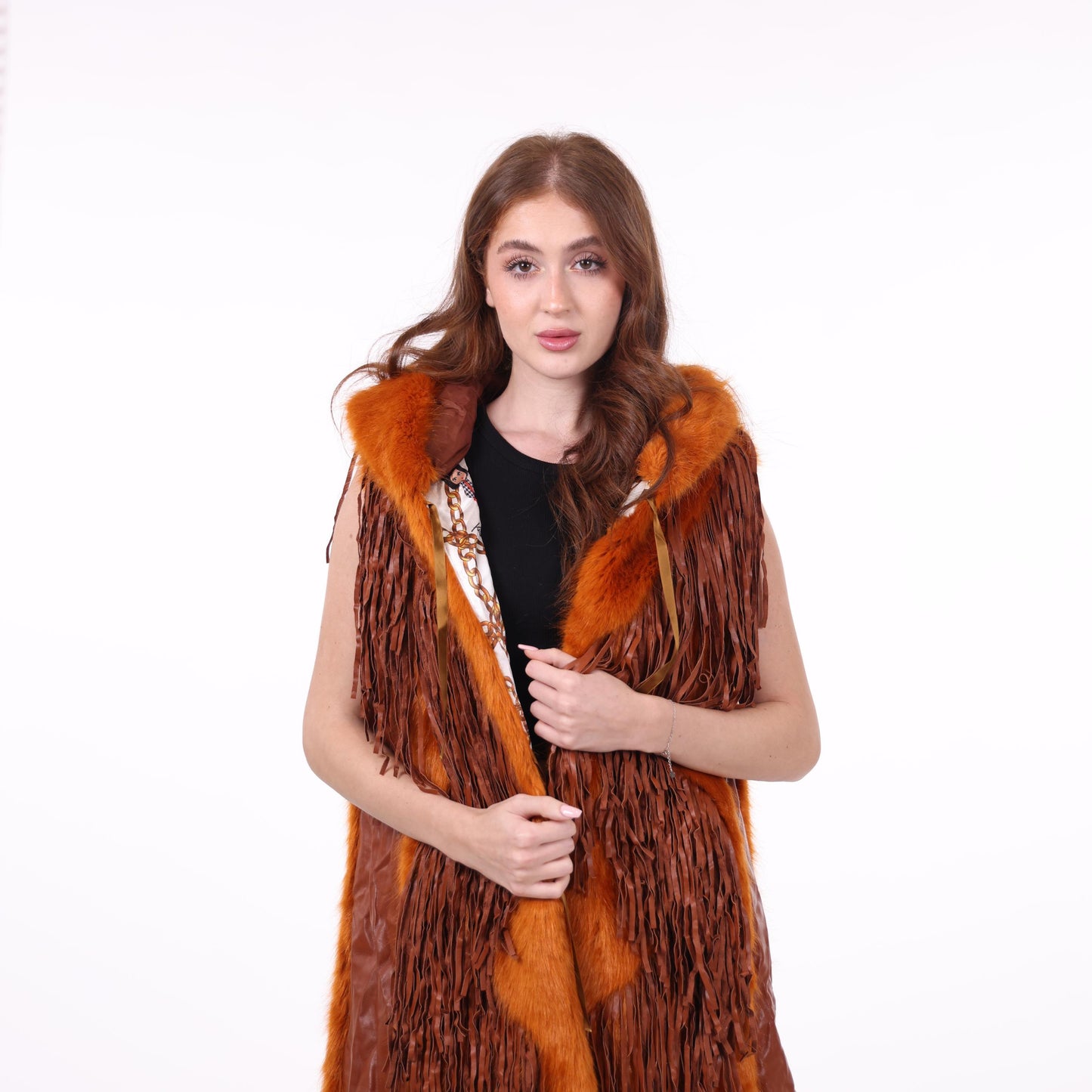 Faux Fur and Fringe Vest in Rust Brown