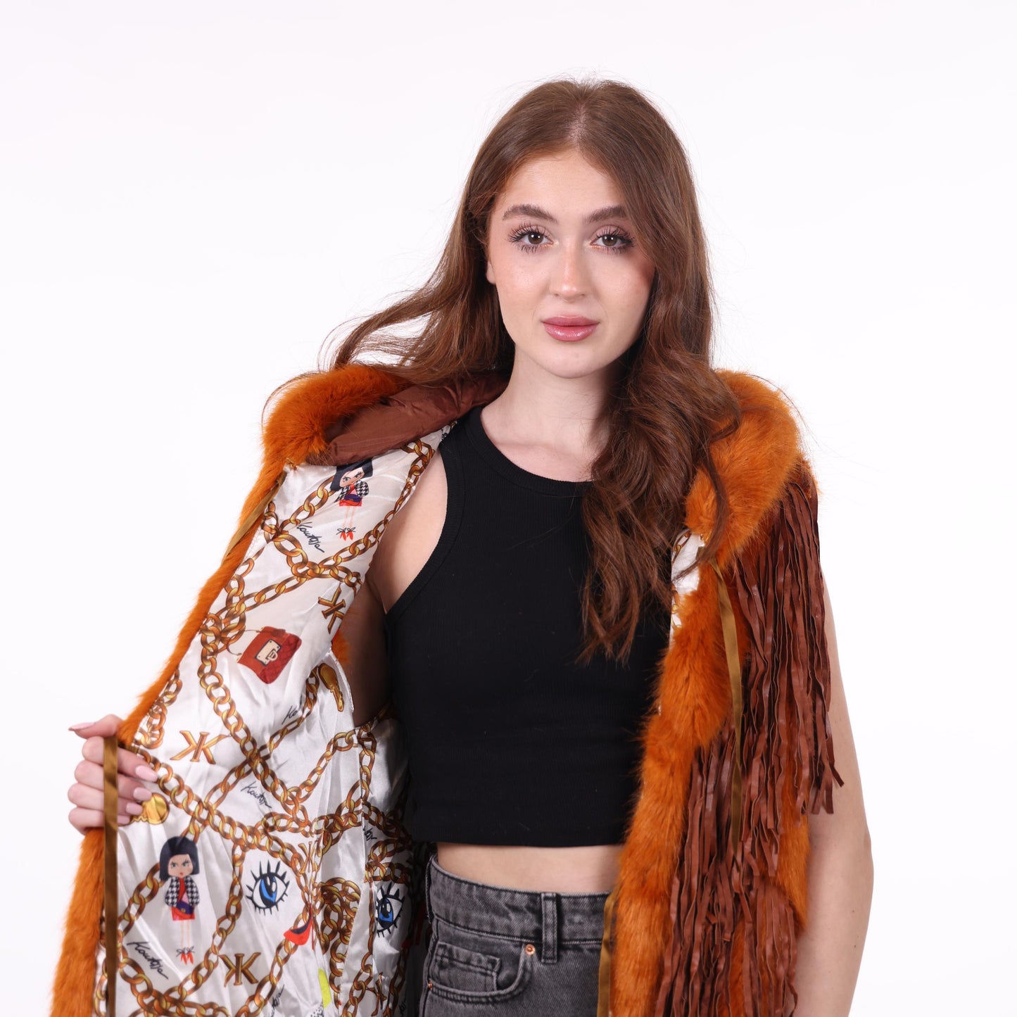 Faux Fur and Fringe Vest in Rust Brown