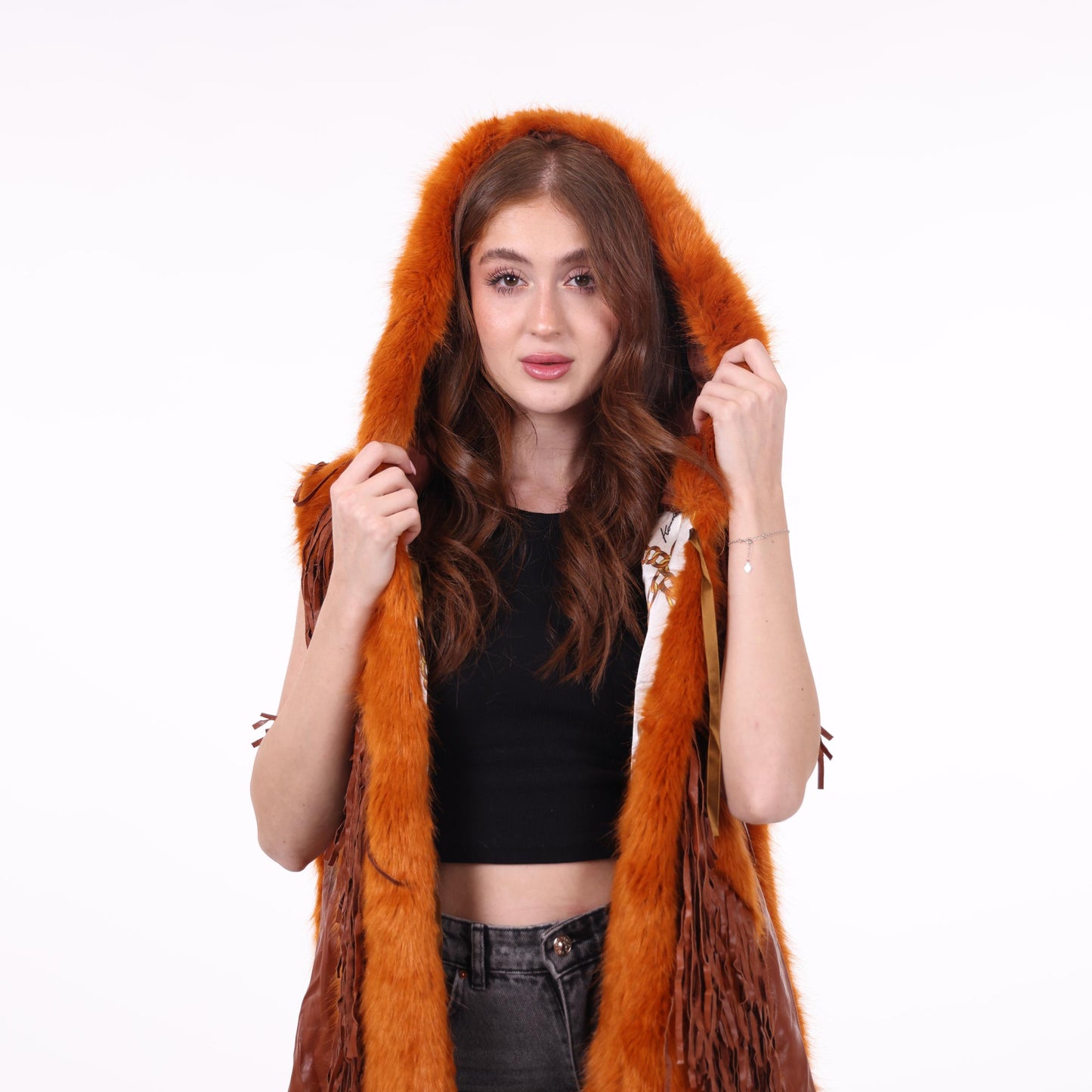 Faux Fur and Fringe Vest in Rust Brown