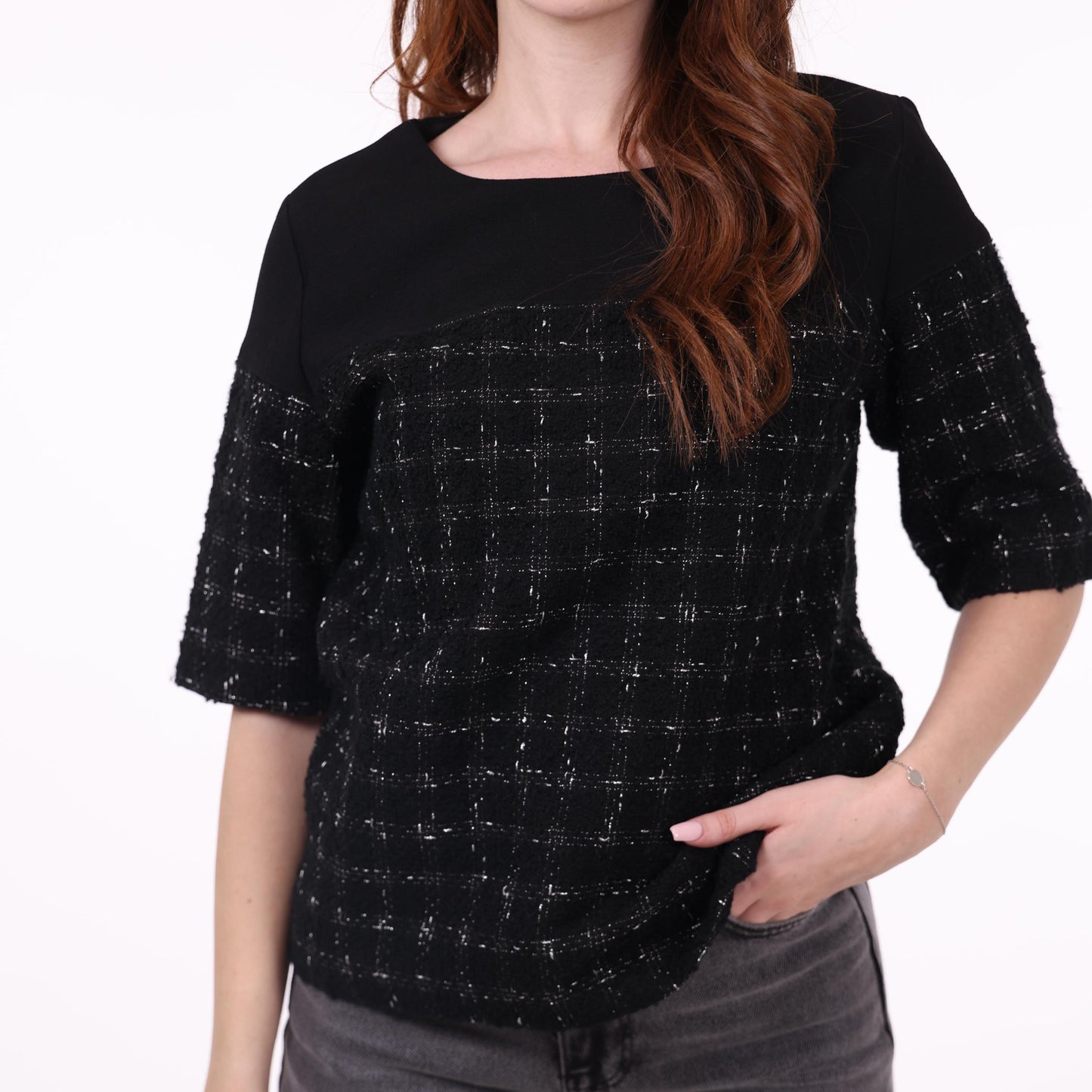 Black Textured Top with Tweed Pattern