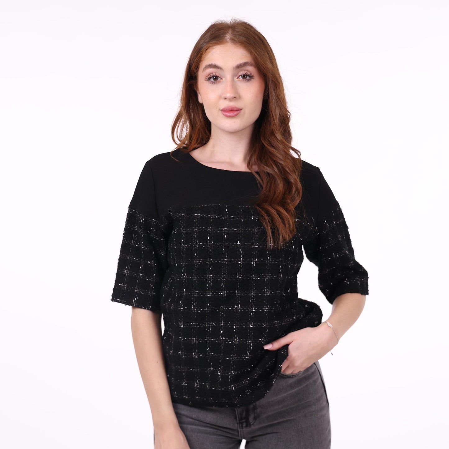 Black Textured Top with Tweed Pattern