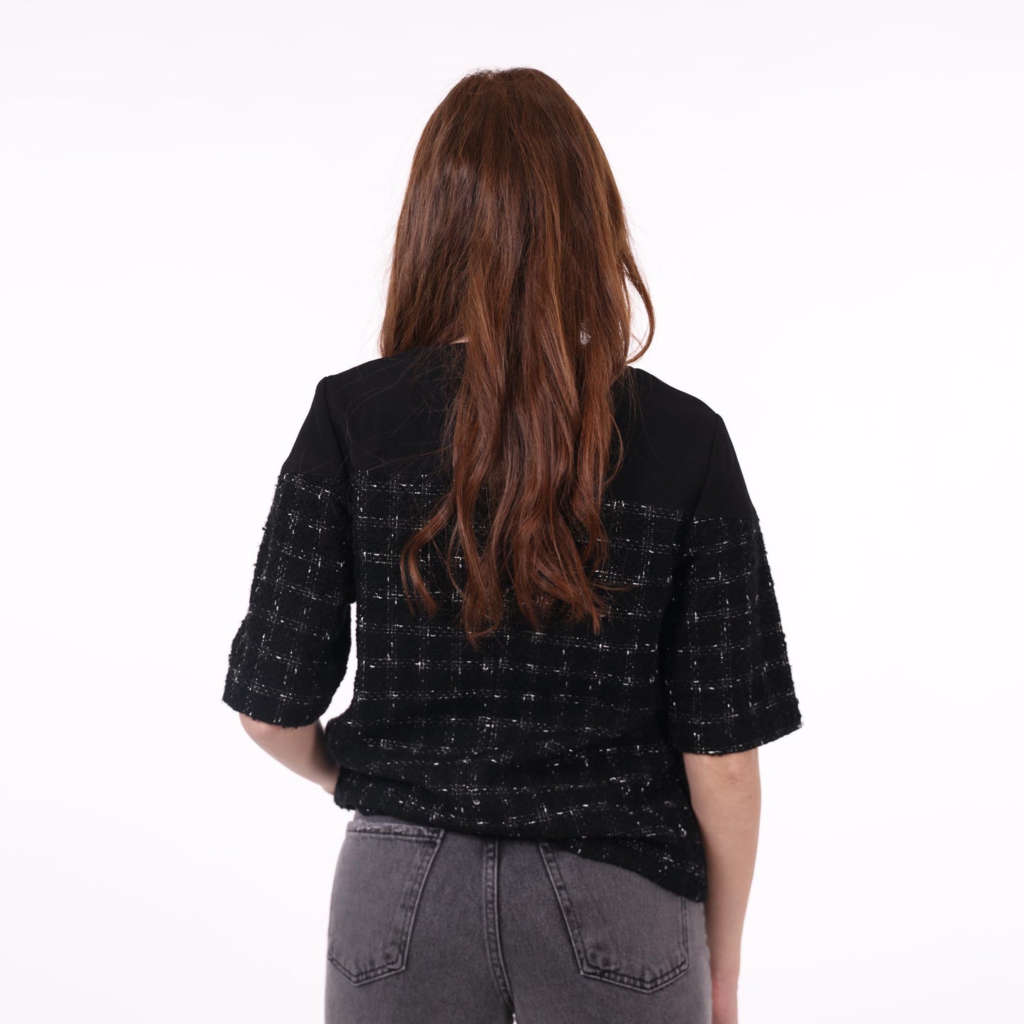 Black Textured Top with Tweed Pattern