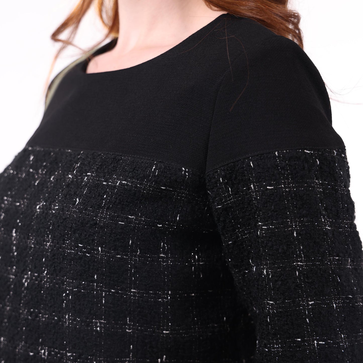 Black Textured Top with Tweed Pattern