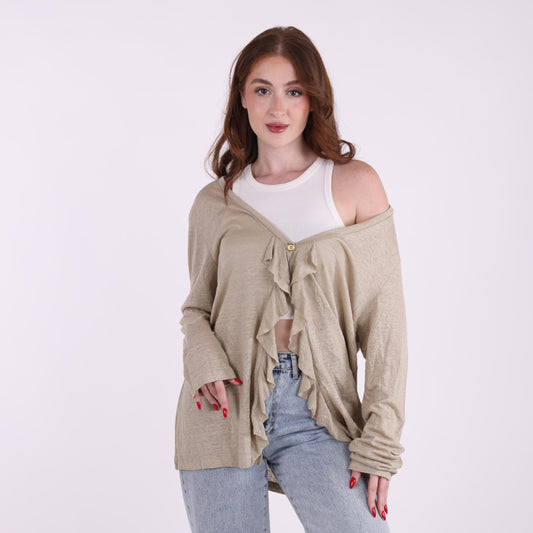 Beige Ruffled Button-Front Cardigan