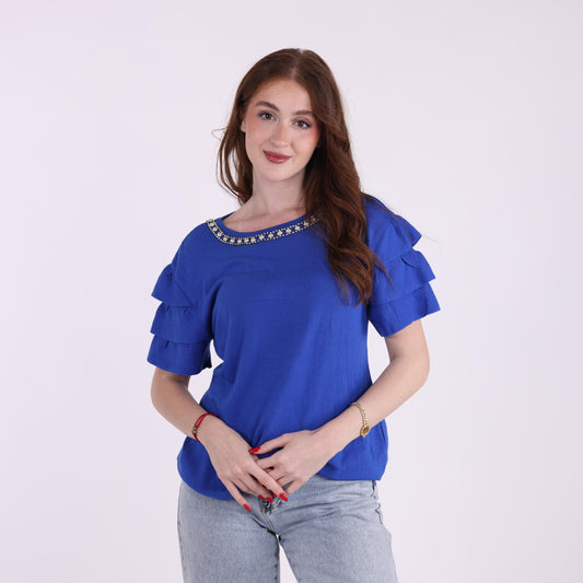 Royal Blue Ruffle Sleeve Top with Embellished Neckline