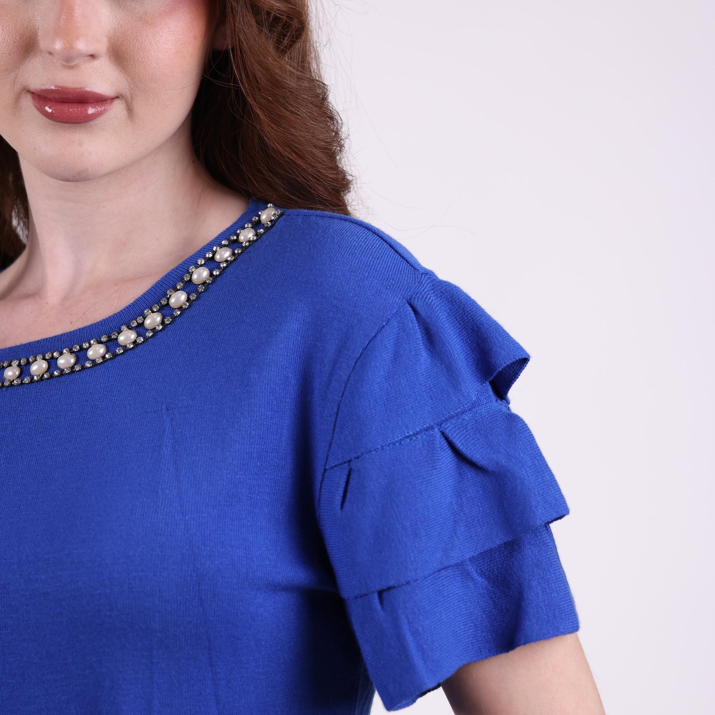 Royal Blue Ruffle Sleeve Top with Embellished Neckline