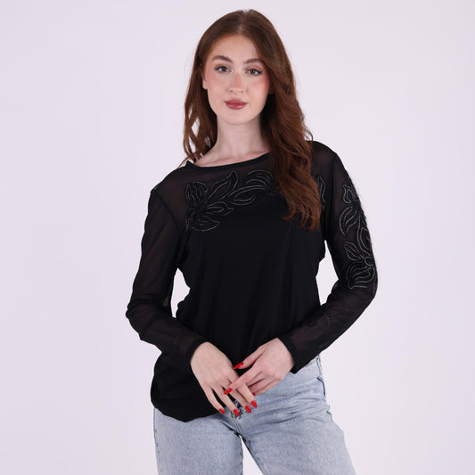 Black Sheer Sleeve Embroidered Top