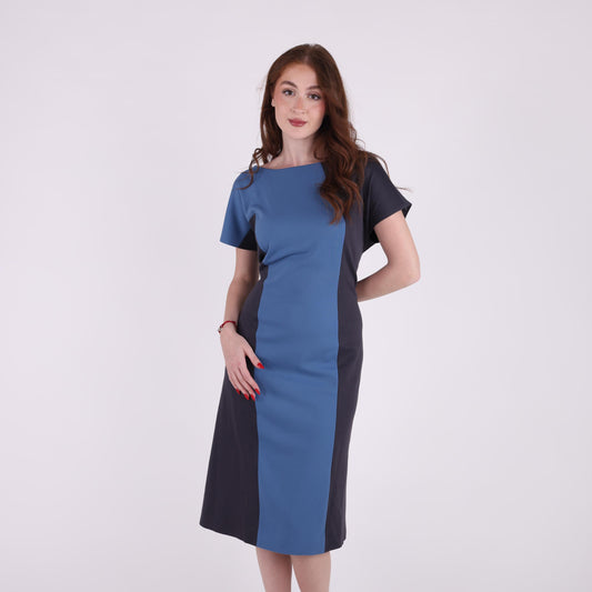 Two-Tone Blue and Black Midi Dress