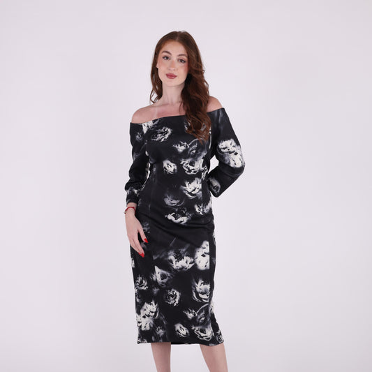 Off-Shoulder Black Midi Dress with White Abstract Floral Print