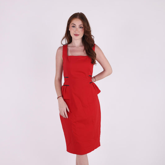Structured Red Midi Dress with Side Pleats and Contrast Piping