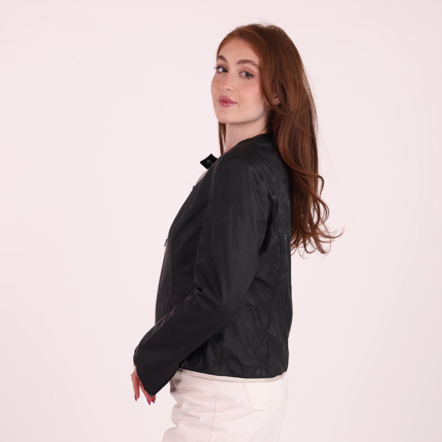 Black Faux Leather Jacket with Contrast Trim