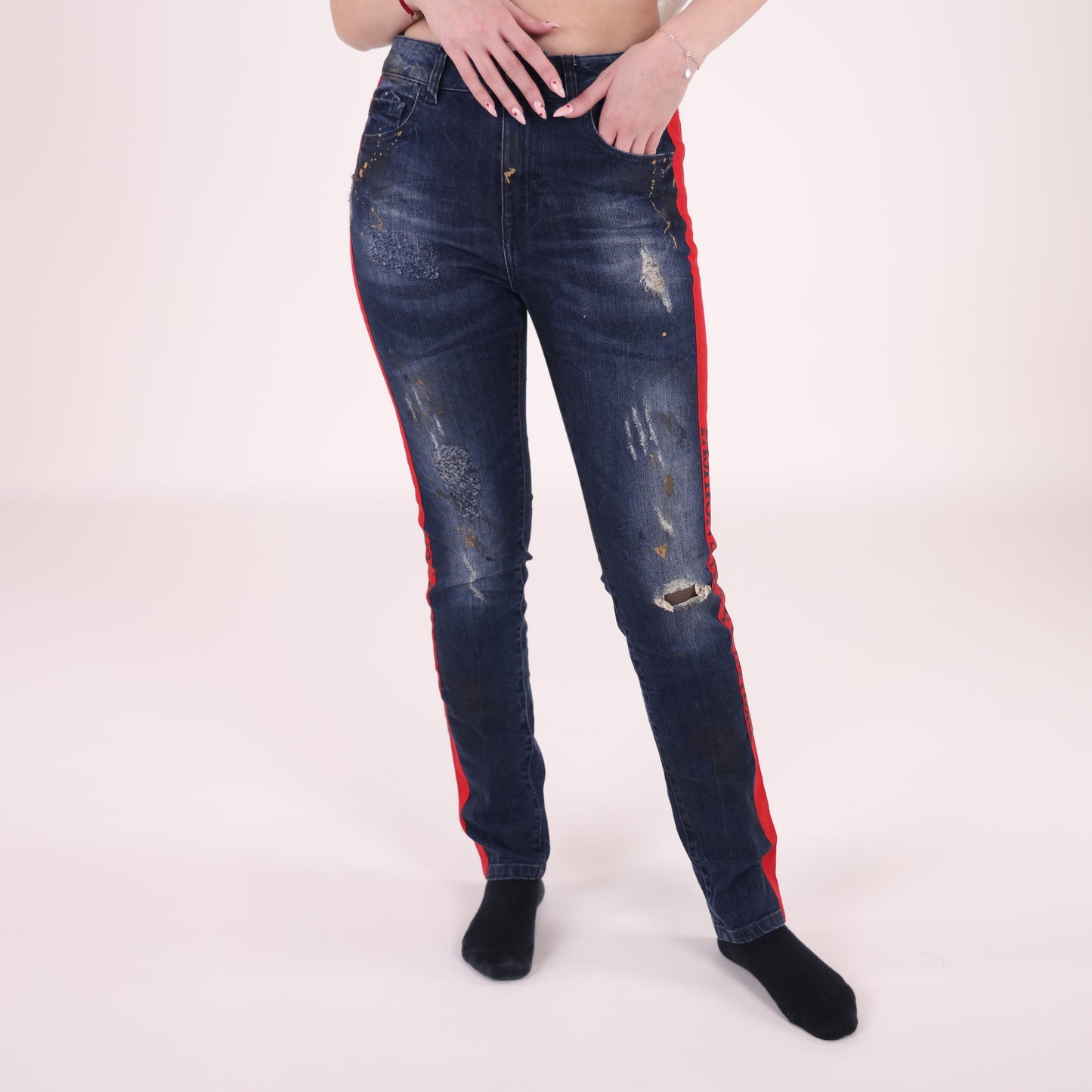 Distressed Dark Blue Jeans with Red Side Stripes