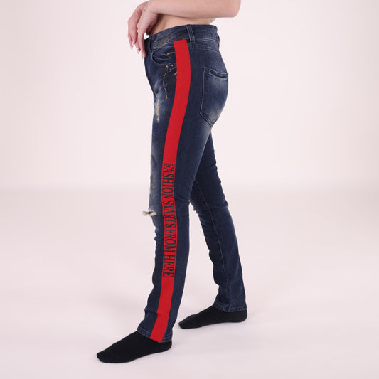 Distressed Dark Blue Jeans with Red Side Stripes