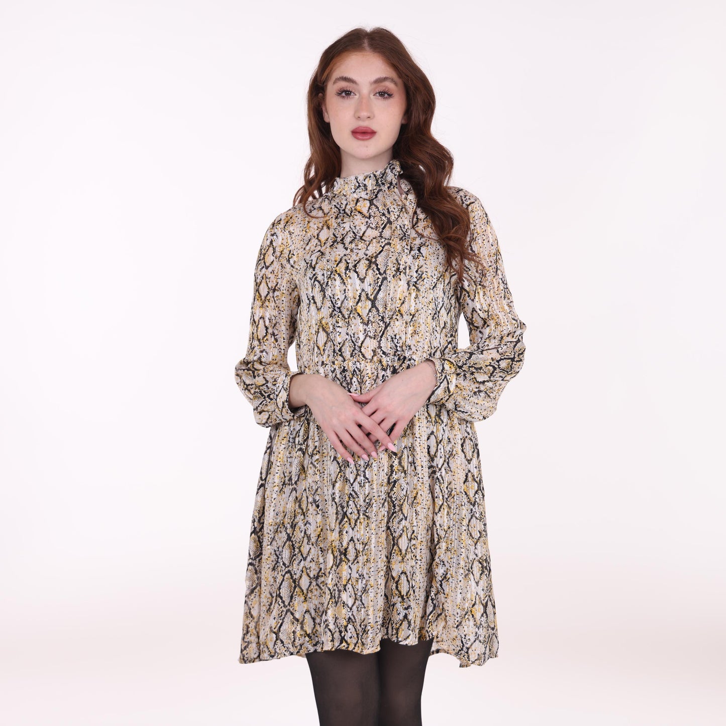 Snake Print Long-Sleeve Dress with High Neck