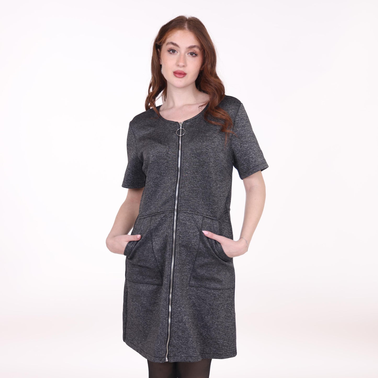 Charcoal Zip-Front Dress with Short Sleeves and Pockets