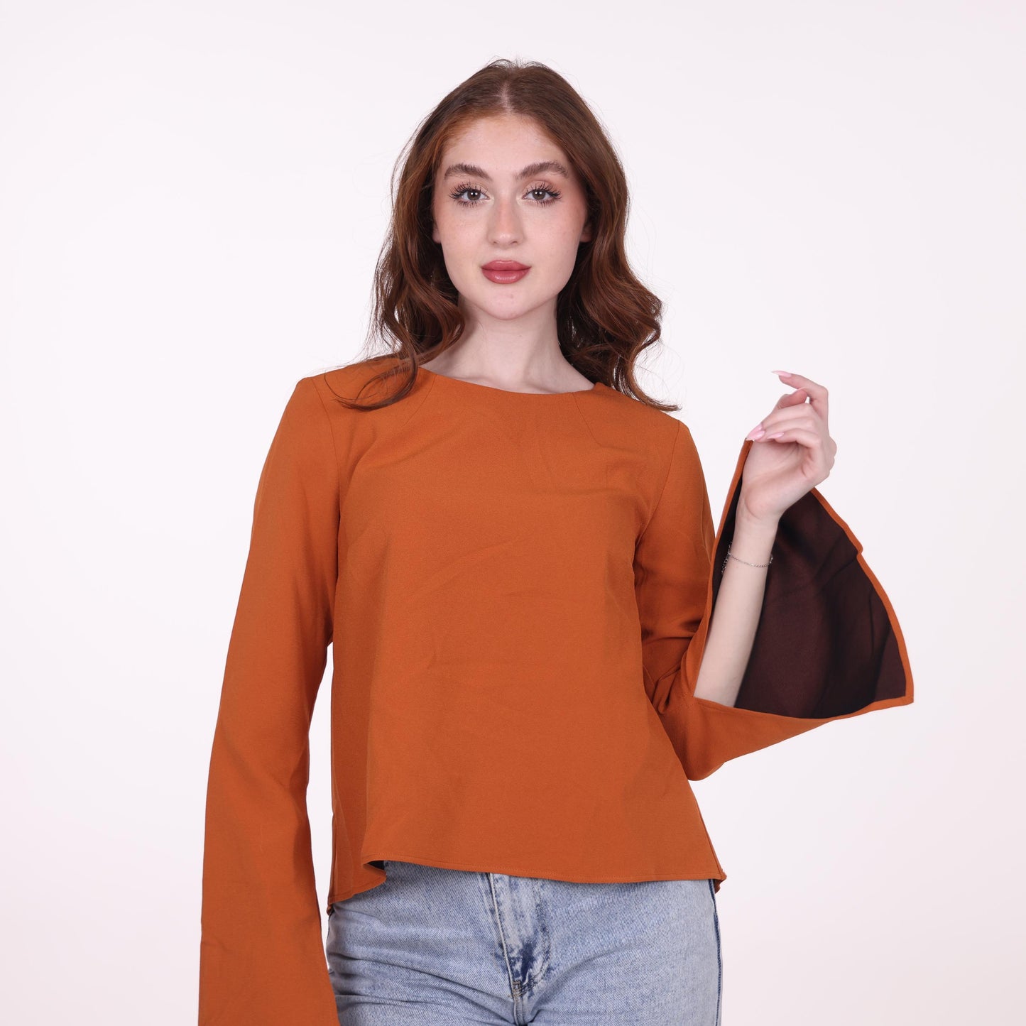 Rust Bell-Sleeve Top with Flared Cuffs