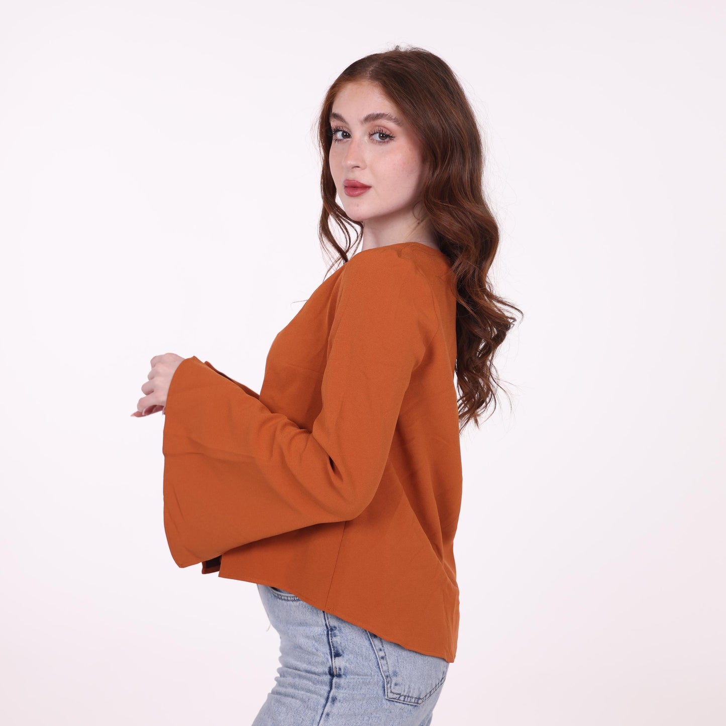 Rust Bell-Sleeve Top with Flared Cuffs