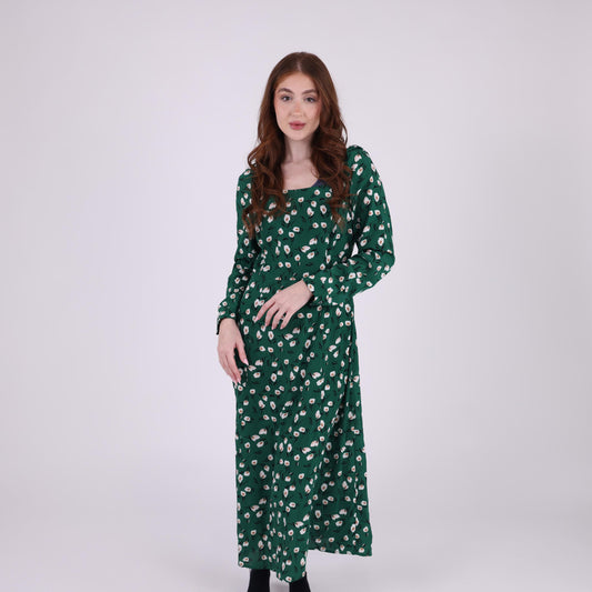 Green Floral Maxi Dress with Long Sleeves