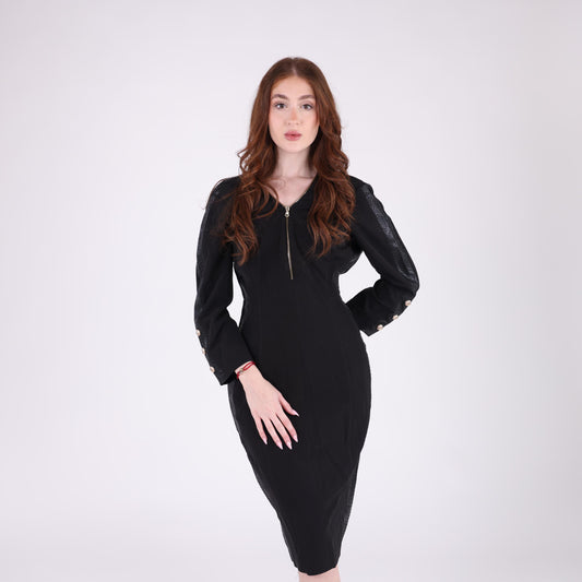 Elegant Black Midi Dress with Zipper Detail